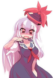 Rule 34 | 1girl, blush, dress, female focus, tucking hair, hat, kamishirasawa keine, long hair, looking at viewer, lowres, multicolored hair, open mouth, puffy short sleeves, puffy sleeves, purple hair, red eyes, short sleeves, simple background, solo, touhou, usoneko, very long hair, white background, white hair