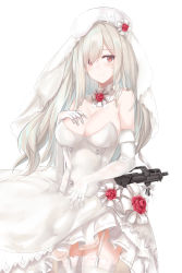 Rule 34 | 1girl, absurdres, assault rifle, bare shoulders, blush, breasts, bridal veil, buttons, cleavage, closed mouth, commentary, cowboy shot, detached collar, dress, elbow gloves, flower, g36c (girls&#039; frontline), g36c (you who steps up) (girls&#039; frontline), garter straps, girls&#039; frontline, gloves, gun, h&amp;k g36, hair over one eye, hand on own chest, hand up, highres, large breasts, long hair, looking at viewer, name connection, object namesake, official alternate costume, red eyes, red flower, rifle, rose, ru zhai, silver hair, simple background, smile, solo, standing, thighhighs, veil, weapon, weapon on back, wedding dress, white background, white dress, white gloves, white thighhighs