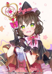 Rule 34 | 1girl, black capelet, black gloves, black hat, blush, bow, brown hair, capelet, flower, gloves, green eyes, hair flower, hair ornament, hat, highres, official art, open mouth, pink bow, posom, shiromaru mito, short hair, solo, staff, witch hat, world dai star