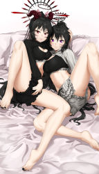 Rule 34 | 2girls, absurdres, bare legs, barefoot, black bloomers, black bra, black hair, black nails, black ribbon, black sleeves, bloomers, bra, breasts, closed mouth, commentary request, copyright request, feet, hair between eyes, halo, hand on another&#039;s head, highres, horns, knee up, large breasts, legs, long hair, long sleeves, looking at viewer, medium breasts, multiple girls, nail polish, navel, on bed, pillow, pixel (yuxian), ponytail, purple eyes, red eyes, ribbon, shrug (clothing), simple background, spread legs, stomach, toenail polish, toenails, toes, tongue, tongue out, underwear, very long hair, white background, white bloomers, white sleeves