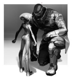 Rule 34 | 1boy, 1girl, arm on knee, ass, bodysuit, clenched hand, commentary request, cyborg, greyscale, hand on floor, heart, helmet, high collar, jacket, kneeling, mechanical parts, monochrome, on one knee, open mouth, original, prosthesis, prosthetic leg, sage (mami1210), shadow, size difference