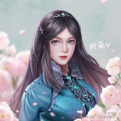 Rule 34 | 1girl, blue dress, blue sky, braid, brown hair, butterfly hair ornament, collared dress, douluo dalu, dress, falling petals, flower, gem, hair ornament, highres, jewelry, long hair, looking to the side, ning mengmeng, ning rongrong (douluo dalu), petals, sky, smile, solo, upper body