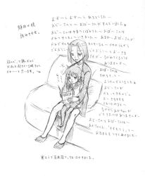 Rule 34 | 10s, 2girls, akatsuki (kancolle), book, commentary request, couch, graphite (medium), greyscale, hatching (texture), height difference, kantai collection, legs, linear hatching, monochrome, multiple girls, open book, pillow, reading, sitting, sitting on lap, sitting on person, sketch, sleepy, tatsuta (kancolle), thighhighs, traditional media, translation request, tsukimi 50, wall of text