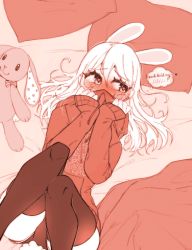 Rule 34 | 1girl, abottleofstars, animal ears, bed, blanket, ear piercing, english text, heart, heart-shaped pupils, highres, hood, hoodie, original, piercing, pillow, shorts, sleeves past wrists, stuffed animal, stuffed toy, symbol-shaped pupils, tail, teddy bear, thighhighs, white hair