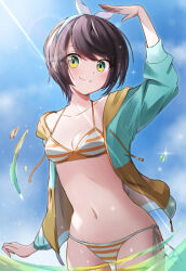 1girl absurdres bikini black_hair blue_eyes blue_hairband blue_sky breasts cloud commentary hairband highres hololive jacket multicolored_jacket navel oozora_subaru oozora_subaru_(hololive_summer_2019) open_clothes outdoors partially_underwater_shot polka_dot_hairband revision short_hair side-tie_bikini_bottom sky small_breasts solo stomach swept_bangs swimsuit tokisaka_makoto two-tone_jacket virtual_youtuber wading water yellow_bikini