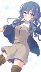 Rule 34 | 1girl, blue eyes, blue hair, blue jacket, blush, boots, breasts, brown footwear, cleavage, dress, gotland (kancolle), highres, jacket, kantai collection, koumei (twinameless), medium dress, mole, mole under eye, open clothes, open jacket, shirt, sidelocks, smile, solo, thigh boots, thighhighs, turtleneck, white shirt