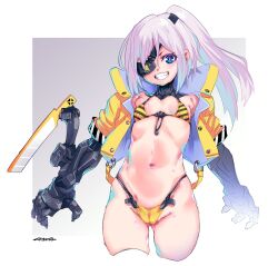 Rule 34 | 1girl, bikini, blue eyes, breasts, commentary request, cowboy shot, cropped jacket, cropped legs, cyborg, eyepatch, front-tie bikini top, front-tie top, gradient background, grey hair, grin, high ponytail, highres, jacket, long hair, looking at viewer, mechanical arms, mechanical parts, mudou eichi, navel, open clothes, open jacket, original, pink pupils, prosthesis, prosthetic arm, sketch, small breasts, smile, solo, striped bikini, striped clothes, swimsuit, teeth, two-tone bikini, yellow bikini, yellow jacket