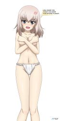 Rule 34 | 1girl, absurdres, acrux, blue eyes, blush, breasts, fundoshi, girls und panzer, highres, itsumi erika, japanese clothes, large breasts, looking at viewer, navel, no bra, open mouth, short hair, simple background, solo, topless, white background, white hair