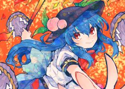 Rule 34 | 1girl, black hat, blue hair, blue skirt, closed mouth, fruit hat ornament, hair between eyes, hat, hat ornament, hinanawi tenshi, holding, holding sword, holding weapon, itomugi-kun, long hair, peach hat ornament, puffy short sleeves, puffy sleeves, reaching, reaching towards viewer, red eyes, rock, rope, shimenawa, shirt, short sleeves, skirt, smile, solo, sword, sword of hisou, touhou, weapon, white shirt