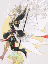 Rule 34 | 1girl, armor, bad id, bad twitter id, belt, black armor, cape, crown, feather trim, fire emblem, fire emblem heroes, from side, grey hair, hair ornament, high heels, highres, holding, holding staff, long hair, long sleeves, nintendo, nonomori (anst nono), red eyes, shoulder armor, solo, staff, veronica (fire emblem)