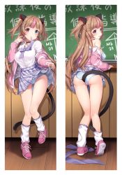 Rule 34 | 1girl, 3.14, anal tail, ass, blouse, blue panties, bra, brown hair, butt plug, cat tail, chalkboard, choker, clothes lift, earrings, fake tail, girls&#039; frontline, hair ornament, hairclip, heart, heart earrings, heterochromia, highres, jacket, jewelry, long hair, looking at viewer, mk23 (girls&#039; frontline), mk23 (new term begins with a meow) (girls&#039; frontline), multicolored hair, multiple views, nail polish, official alternate costume, open clothes, open jacket, open shirt, panties, shirt, streaked hair, tail, underwear