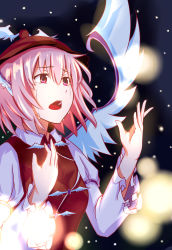 Rule 34 | 1girl, absurdres, arm garter, brown dress, crying, crying with eyes open, dress, frilled sleeves, frills, hand on own chest, hat, highres, juliet sleeves, light particles, long sleeves, music, mystia lorelei, oaid, open mouth, pink eyes, pink hair, puffy sleeves, singing, solo, star (sky), tears, touhou, winged hat, wings