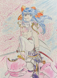 1girl blue_hair boots breasts brown_eyes cherry_blossoms fingerless_gloves gloves highres leg_up legs long_hair mecha medium_breasts pants ponytail robot sakura_taisen sega serious shinguuji_sakura solo sword thighs traditional_media weapon