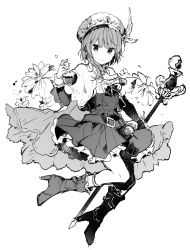 Rule 34 | 1girl, ankle boots, atelier (series), atelier rorona, belt, boots, bow, bowtie, cape, closed mouth, flower, greyscale, hat, hat feather, high heel boots, high heels, holding, ikeuchi tanuma, looking at viewer, monochrome, pleated skirt, rororina fryxell, short hair, short sleeves, simple background, skirt, smile, solo, staff, white background