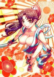 Rule 34 | 1girl, bare shoulders, breasts, brown eyes, brown hair, cleavage, folded fan, hand fan, fatal fury, fingerless gloves, flower, folding fan, gloves, japanese clothes, large breasts, pelvic curtain, ponytail, rising sun flag, shiranui mai, side slit, snk, solo, sunburst, the king of fighters, z4