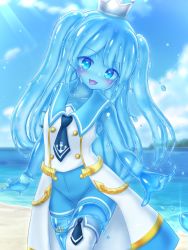 Rule 34 | 1girl, beach, blue eyes, blue hair, blue skin, colored skin, curss, highres, looking at viewer, monster girl, open mouth, slime girl, solo, water