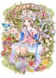 Rule 34 | 1girl, atelier (series), atelier totori, bad id, bad pixiv id, bird, blue eyes, boots, brown hair, detached sleeves, female focus, flower, frills, full body, hairband, knee boots, long hair, ratryu, sitting, skirt, smile, solo, staff, totooria helmold, white skirt