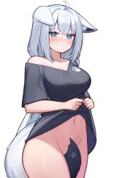 Rule 34 | 1girl, absurdres, animal ears, aqua eyes, between legs, black shirt, blue eyes, blush, bottomless, breasts, cleavage, closed mouth, collarbone, covering crotch, covering privates, deaver, fox ears, fox girl, fox tail, highres, hololive, large breasts, long hair, looking at viewer, navel, no panties, off shoulder, paw print, pentagram, shirakami fubuki, shirt, short sleeves, simple background, solo, tail, tail between legs, tail censor, thighs, virtual youtuber, white background, white hair