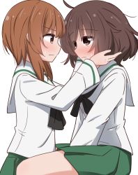 Rule 34 | 2girls, akiyama yukari, bad id, bad pixiv id, black neckerchief, blouse, brown eyes, brown hair, closed mouth, commentary, from side, frown, girls und panzer, green skirt, hands on another&#039;s face, highres, long sleeves, messy hair, miniskirt, miruzawa akechi, multiple girls, neckerchief, nishizumi miho, ooarai school uniform, pleated skirt, sailor collar, school uniform, serafuku, shirt, short hair, simple background, sitting, skirt, sweatdrop, v arms, white background, white sailor collar, white shirt, yuri