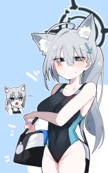 Rule 34 | 2girls, ahoge, animal ear fluff, animal ears, bare arms, bare legs, bare shoulders, black one-piece swimsuit, blue archive, blue eyes, blush, breasts, cleavage, closed mouth, collarbone, competition swimsuit, cross hair ornament, extra ears, grey hair, hair between eyes, hair ornament, highres, jamongssui, large breasts, long hair, medium hair, mismatched pupils, multiple girls, official alternate costume, one-piece swimsuit, ponytail, shiroko (blue archive), shiroko (swimsuit) (blue archive), shiroko terror (blue archive), swimsuit, wolf ears
