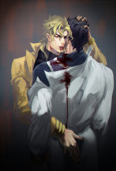 Rule 34 | 2boys, bite mark, black hair, black nails, blonde hair, blood, blood from mouth, blood on clothes, dio brando, earrings, fangs, hand on another&#039;s ass, hand on another&#039;s head, highres, jacket, jewelry, jojo no kimyou na bouken, kuujou joutarou, less end, long coat, male focus, multiple boys, nail polish, red eyes, tongue, tongue out, vampire, wrist cuffs