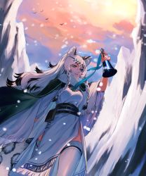 Rule 34 | 1girl, animal ear fluff, animal ears, arknights, arm up, bell, belt, bird, black belt, black cape, black hair, blue ribbon, breasts, cape, commentary, cowboy shot, dress, grey eyes, hair between eyes, head chain, highres, holding, holding bell, jewelry, leopard ears, long hair, medium breasts, multicolored hair, ninebirds, parted lips, pelvic curtain, pouch, pramanix (arknights), ribbon, silver hair, snowing, solo, standing, streaked hair, thighhighs, thighs, turtleneck, turtleneck dress, white background, white dress