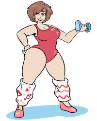 Rule 34 | 1girl, absurdres, bracelet, breasts, brown eyes, brown hair, cleavage, commentary, curvy, dumbbell, english commentary, exercise, full body, gluteal fold, headband, high heels, highres, jewelry, kujikawaii, large breasts, leg warmers, leotard, meiko (vocaloid), one eye closed, red leotard, shadow, short hair, solo, thick thighs, thighs, vocaloid, weightlifting, wide hips