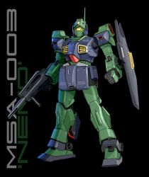 Rule 34 | assault visor, asterozoa, black background, clenched hand, gun, gundam, highres, holding, holding gun, holding shield, holding weapon, looking ahead, mecha, mobile suit, nemo (mobile suit), no humans, radio antenna, robot, shield, solo, weapon, zeta gundam