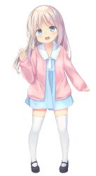 Rule 34 | 1girl, absurdres, black footwear, blue dress, blue eyes, brown hair, cardigan, dress, full body, highres, long hair, mary janes, open mouth, original, pink cardigan, senifu, shoes, short dress, simple background, smile, solo, thighhighs, white background, white thighhighs