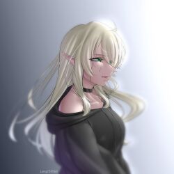Rule 34 | 1girl, absurdres, artist name, black choker, black hoodie, blonde hair, blurry, breasts, choker, commentary, crying, extra arms, from side, furui o (lamp159568), gradient background, green eyes, highres, hood, hoodie, large breasts, off shoulder, original, pointy ears, profile, solo, streaming tears, tears, upper body