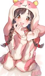Rule 34 | + +, 1girl, :d, absurdres, animal costume, animal ears, animal hood, bad id, bad pixiv id, blush, braid, brown eyes, brown hair, commentary request, fake animal ears, hands up, highres, hood, hood up, idolmaster, idolmaster shiny colors, long hair, long sleeves, looking at viewer, open mouth, puffy long sleeves, puffy sleeves, satoimo chika, smile, solo, sonoda chiyoko, twin braids, white background