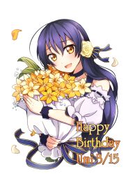 Rule 34 | 1girl, birthday, blue hair, bouquet, character name, choker, dated, detached sleeves, english text, flower, hair flower, hair ornament, hairband, happy birthday, long hair, looking at viewer, love live!, love live! school idol festival, love live! school idol project, misora deco, petals, solo, sonoda umi, wristband, yellow eyes