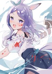 Rule 34 | 1girl, :d, absurdres, animal ears, blush, commentary request, from behind, highres, holding, holding paintbrush, horse ears, horse girl, horse tail, long hair, looking at viewer, looking back, mejiro mcqueen (umamusume), off-shoulder shirt, off shoulder, open mouth, outstretched arms, paint on clothes, paint splatter, paint splatter on face, paintbrush, purple eyes, purple hair, shirt, smile, solo, tail, umamusume, upper body, usukawa (uskw sr), white background