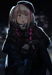 Rule 34 | 1girl, arm on knee, beret, black hat, black jacket, blue eyes, candy, commentary, english commentary, expressionless, food, girls&#039; frontline, gloves, grey gloves, grey hair, hat, heterochromia, highres, jacket, knee up, lollipop, looking at viewer, mdr (girls&#039; frontline), multicolored hair, one side up, pink eyes, pink hair, solo, streaked hair, yusuke gg