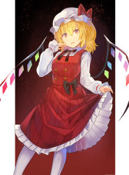 Rule 34 | 1girl, absurdres, black bow, black ribbon, blonde hair, bow, breasts, commentary, dress, falken (yutozin), feet out of frame, flandre scarlet, hair between eyes, hand up, hat, hat bow, head tilt, highres, long sleeves, looking at viewer, mob cap, neck ribbon, open mouth, pantyhose, petticoat, pointy ears, red bow, red dress, red eyes, ribbon, shirt, short hair, small breasts, solo, standing, touhou, white hat, white pantyhose, white shirt, wings