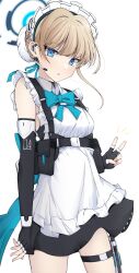 Rule 34 | 1girl, absurdres, apron, black gloves, blonde hair, blue archive, blue eyes, commentary, elbow gloves, fingerless gloves, gloves, halo, highres, looking at viewer, maid, maid apron, maid headdress, noko32, simple background, thigh strap, toki (blue archive), v, white background
