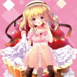 Rule 34 | 1girl, :d, animal ears, bare shoulders, blonde hair, blush, boots, brown footwear, commentary request, dog ears, dog girl, dog tail, food, frilled skirt, frills, fruit, hair between eyes, hat, holding, holding food, in food, leaning to the side, long hair, looking at viewer, natsuki yuu (amemizu), off-shoulder, off-shoulder sweater, off shoulder, open mouth, original, pink sweater, red eyes, sitting, skirt, smile, solo, strawberry, sweater, tail, two side up, white hat, white skirt