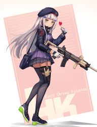 Rule 34 | 1girl, assault rifle, bag, beret, black thighhighs, blunt bangs, blush, closed mouth, eruthika, from side, full body, girls&#039; frontline, green eyes, gun, h&amp;k hk416, hair ornament, handgun, hat, heart, heckler &amp; koch, highres, hk416 (girls&#039; frontline), holding, holding gun, holding weapon, holster, jacket, jewelry, long hair, looking at viewer, looking to the side, plaid, plaid skirt, rifle, ring, shoulder bag, silver hair, skirt, smile, solo, standing, thigh holster, thighhighs, weapon, wedding ring