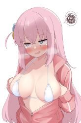 Rule 34 | 1girl, bikini, blush, bocchi the rock!, breasts, cocozasa, collarbone, cube hair ornament, dot nose, gotoh hitori, hair ornament, hands on own breasts, highres, jacket, large breasts, long hair, long sleeves, looking to the side, micro bikini, one side up, open clothes, open jacket, open mouth, pink hair, pink jacket, simple background, sleeves past wrists, solo, sweat, swimsuit, track jacket, unzipped, white background, white bikini, zipper pull tab