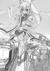 Rule 34 | 1boy, 1girl, absurdres, ayanami (azur lane), azur lane, bandaid, bandaid on arm, breasts, comic, covering privates, covering crotch, crop top, crown, embarrassed, female masturbation, giant, giantess, greyscale, hand up, head-mounted display, headgear, high ponytail, highres, looking down, masturbation, medium breasts, mini crown, monochrome, ponytail, sailor collar, seo tatsuya, sitting, speech bubble, translation request, walking