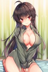 Rule 34 | 1girl, ahoge, bad id, bad pixiv id, between legs, black hair, blush, breasts, cleavage, closed mouth, collarbone, collared shirt, covered erect nipples, green shirt, hair between eyes, hand between legs, highres, iris yuma, large breasts, long hair, long sleeves, looking at viewer, maett, naked shirt, nipple slip, nipples, red eyes, seiza, shirt, sidelocks, sitting, smile, solo, soulworker, thighs, very long hair