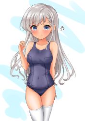 Rule 34 | 1girl, :t, puff of air, bad id, bad pixiv id, bare arms, bare shoulders, blue background, blue eyes, blue one-piece swimsuit, blush, braid, braided bangs, breasts, closed mouth, collarbone, covered navel, earrings, grey hair, hand up, highres, hisakawa hayate, idolmaster, idolmaster cinderella girls, idolmaster cinderella girls starlight stage, jewelry, long hair, looking at viewer, medium breasts, mitsumine raimu, old school swimsuit, one-piece swimsuit, pout, school swimsuit, solo, swimsuit, tan, tanline, thighhighs, two-tone background, very long hair, white background, white thighhighs