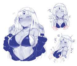 Rule 34 | 1girl, absurdres, arm strap, azur lane, bare shoulders, bikini, bikini top only, black jacket, blush, breasts, breath, choker, cleavage, closed mouth, embarrassed, flying sweatdrops, highres, jacket, large breasts, long hair, looking at viewer, looking down, makano mucchi, massachusetts (azur lane), monochrome, native american, navel, nipple stimulation, nipple tweak, nose blush, open clothes, open jacket, parted bangs, swimsuit, tattoo, trembling, upper body, very long hair, wavy mouth