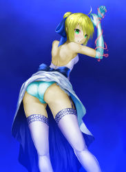 Rule 34 | 1girl, ahoge, artoria pendragon (all), artoria pendragon (fate), ass, bad id, bad pixiv id, bare shoulders, blonde hair, blue panties, clothes lift, dress, dress lift, elbow gloves, fate/stay night, fate (series), gloves, green eyes, highres, md5 mismatch, official alternate costume, panties, restrained, saber (fate), short hair, solo, solru, thighhighs, underwear