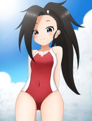 Rule 34 | 1girl, absurdres, arms behind back, bare shoulders, black eyes, black hair, blush, closed mouth, cloud, collarbone, day, dot nose, female focus, highres, ishigakiseiya, kunoichi tsubaki no mune no uchi, long hair, looking at viewer, navel, one-piece swimsuit, outdoors, ponytail, sky, smile, solo, standing, swimsuit, thighs, tsubaki (kunoichi tsubaki no mune no uchi)