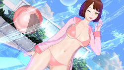Rule 34 | 1girl, androssi zahard, ball, beachball, bikini, breasts, bright background, brown hair, clear sky, collarbone, giggling, gm kun, horns, large breasts, legs, looking at viewer, one eye closed, orange eyes, pink bikini, pool, short hair, single horn, sky, slender, smile, solo, splashing, sunlight, swimsuit, thick thighs, thighs, tower of god, water