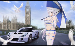 Rule 34 | 1girl, absurdres, alternate costume, azur lane, bikini, bikini under clothes, bird, breasts, car, choker, copyright name, cowboy shot, day, dove, elbow gloves, elizabeth tower, falling feathers, feathers, gloves, highres, illustrious (azur lane), kcar66t, large breasts, london, lotus (brand), lotus exige, miniskirt, mole, mole under eye, motor vehicle, partially fingerless gloves, product placement, race queen, real world location, road, royal navy emblem (azur lane), skirt, sky, swimsuit, thigh strap, thighhighs, umbrella, visor cap, westminster bridge, westminster palace, white hair