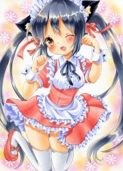 Rule 34 | 1girl, animal ears, black hair, brown eyes, cat ears, fang, hinako (turip-turop), k-on!, long hair, nakano azusa, one eye closed, open mouth, paw pose, shoes, thighhighs, traditional media, twintails, waitress, wink, wrist cuffs