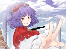 Rule 34 | 1girl, artist name, blue sky, cloud, commentary request, dated, day, foreshortening, hair ornament, leaf hair ornament, long sleeves, looking at viewer, mitama mudimudi, outdoors, pillar, puffy short sleeves, puffy sleeves, purple hair, reaching, reaching towards viewer, red eyes, red shirt, rope, shide, shimenawa, shirt, short hair, short sleeves, sky, smile, solo, touhou, twitter username, upper body, yasaka kanako