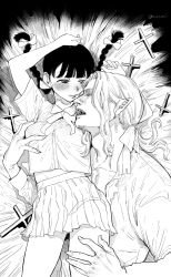 Rule 34 | 1boy, 1girl, age difference, blush, braid, grabbing another&#039;s breast, breasts, closed eyes, collared shirt, commentary, cross, dracula, fangs, fingernails, grabbing, greyscale, hand on another&#039;s thigh, hetero, highres, long hair, looking at another, lying, monochrome, neck ribbon, open collar, open mouth, original, pleated skirt, pointy ears, ribbon, sharp fingernails, shirt, short sleeves, skirt, small breasts, syuntyu katze, twin braids, twitter username, vampire
